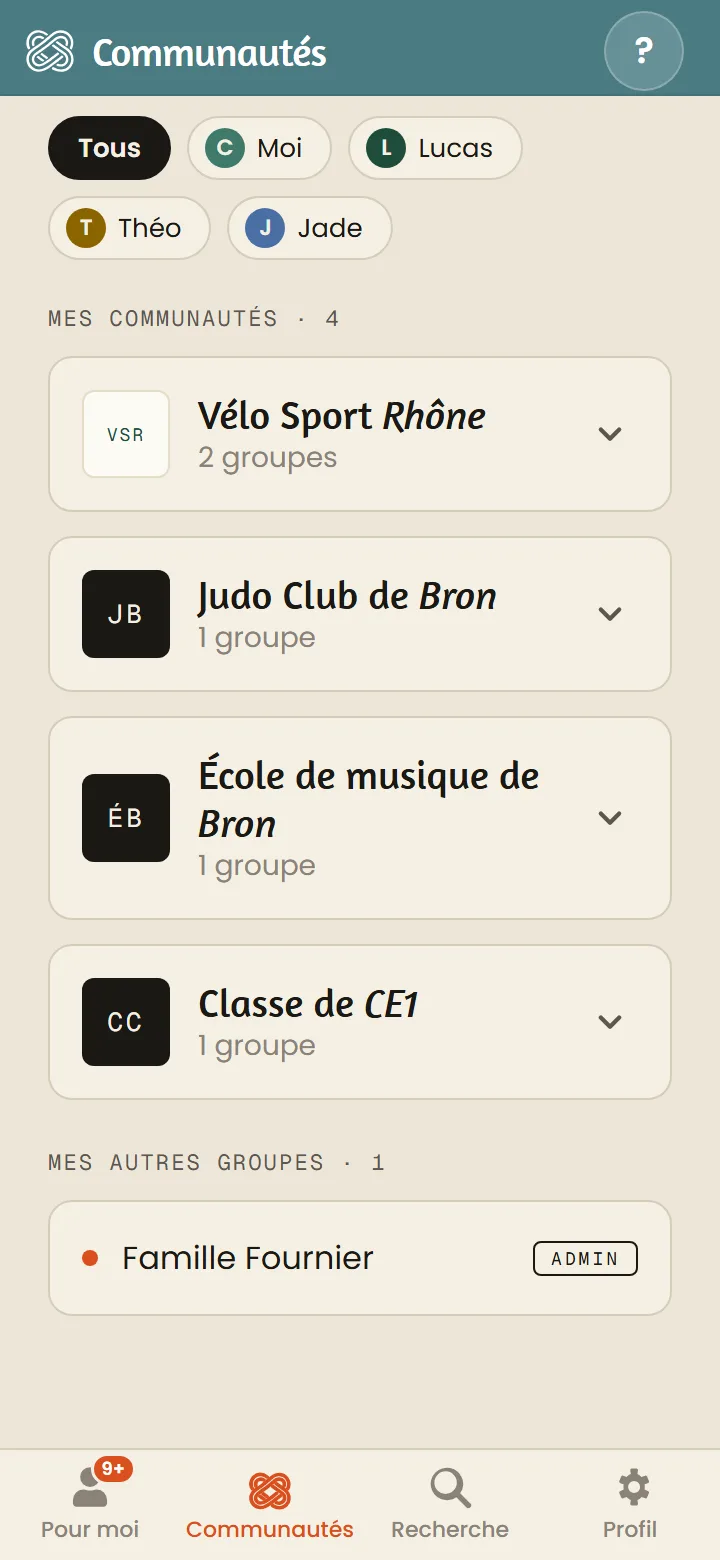 Écran Communautés de l'app Okordo