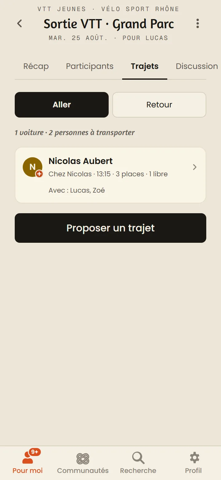 Écran Trajets et covoiturage