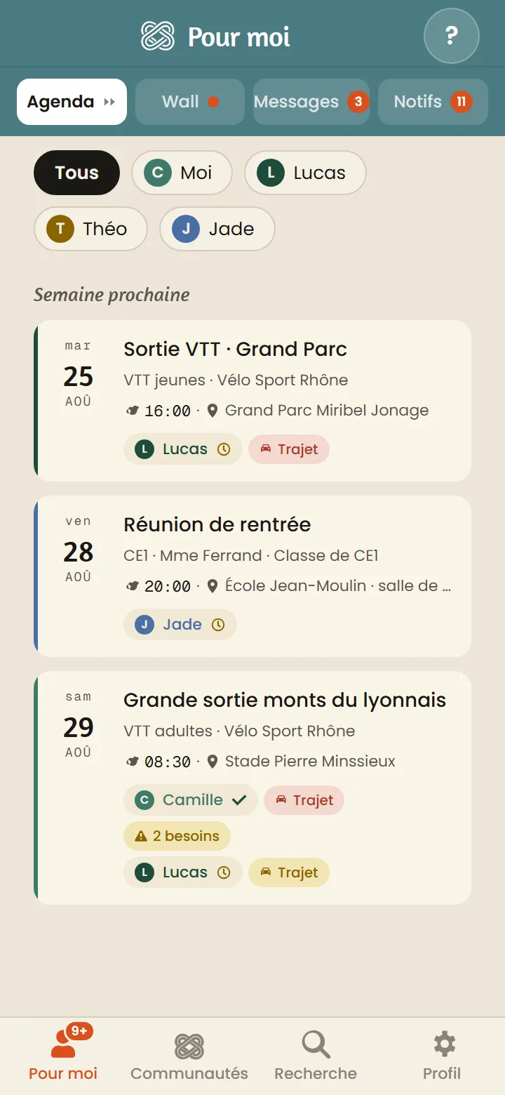 Écran Pour moi — agenda personnel